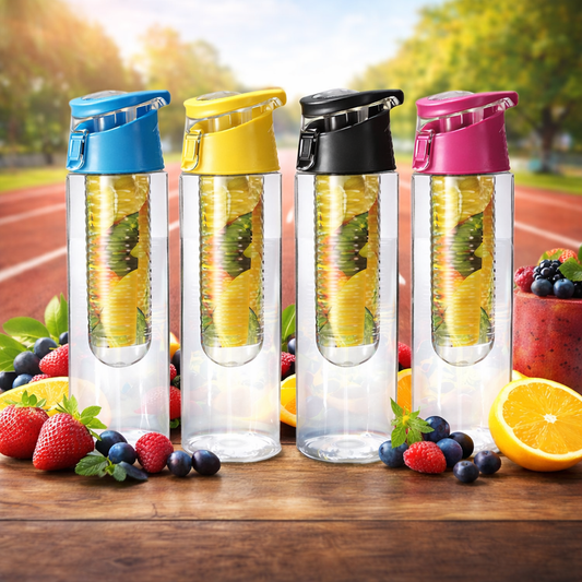 700ml fruit infuser water bottles with colourful lids and fresh fruit
